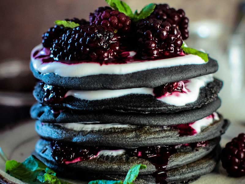 Charcoal Pancakes With Blackberry