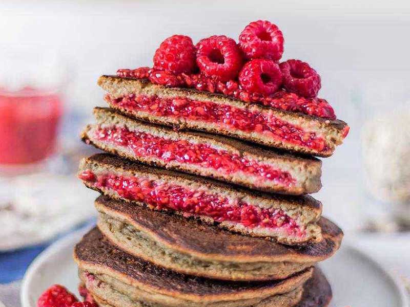 Raspberry Chia Jam Stuffed Pancakes