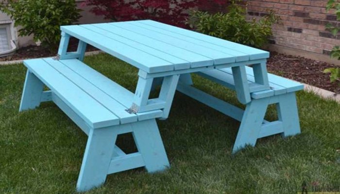 her tool belt’s convertible picnic table and bench