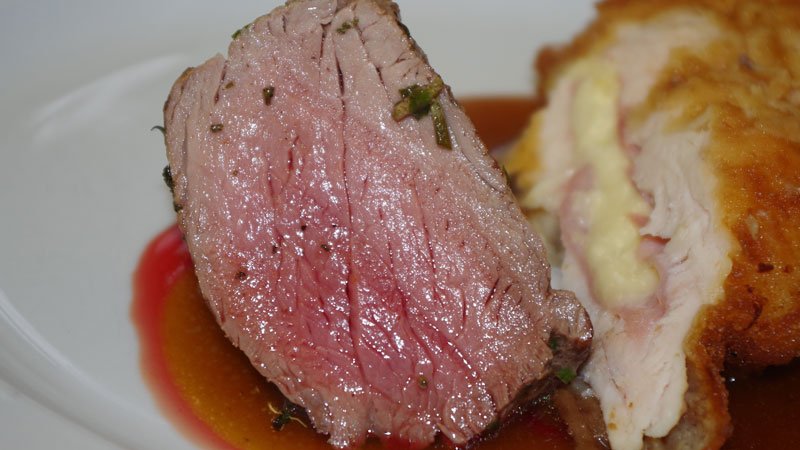 coffee rubbed ny strip steak with berry sauce & parsnip mash